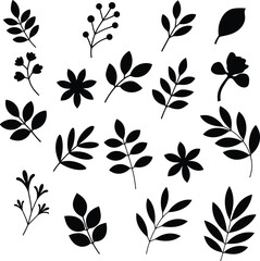 Botanical Leaf and Flower Silhouette Set – Minimal Black Floral Vector Elements Isolated on White Background