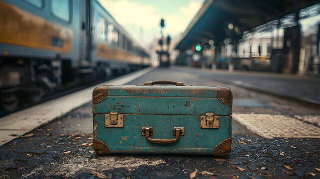 Abandoned suitcase lying on railway platform with train departing in background