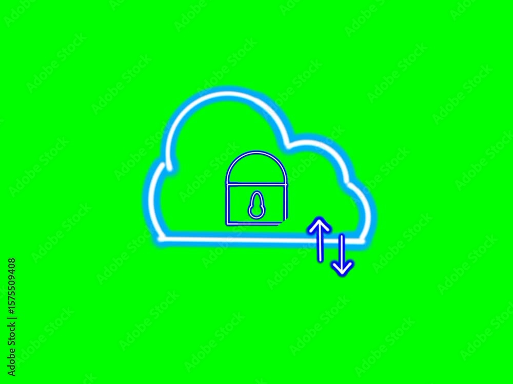 Poster animated blue neon cloud computing. central glowing security icon. slow motion data concept. futuris