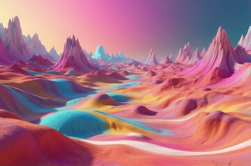 Pastel, undulating landscape with sharp, candy-colored peaks under a bright gradient sky
