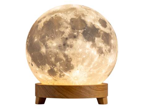 Glowing LED Moon Lamp with Crater Texture on Wooden Base, Front View, Isolated on Transparent Background