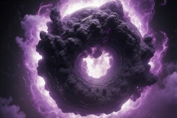 A dark purple, swirling, torus-shaped nebula with a glowing pink center, surrounded by smoky clouds and energy