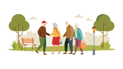 Senior citizens meeting in park illustration for retirement community and active aging lifestyle design