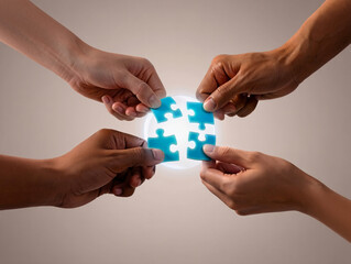 Hands come together, placing bright blue jigsaw puzzle pieces to build teamwork and signify collaboration.