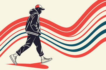 Fototapeta premium Stylish young man in a baseball cap and hoodie walking against a background of colorful wavy lines