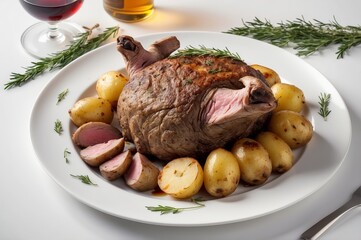 Roasted meat centerpiece on white plate, surrounded by potatoes and rosemary garnish