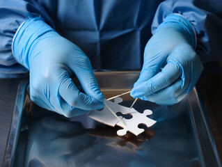 Hands in surgical gloves connect puzzle pieces, symbolizing science, medicine, or problem solving with a team oriented approach.