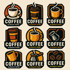 grid of vintage-style coffee badge logos with cups, mugs, beans, and brewing tools in warm tones.
