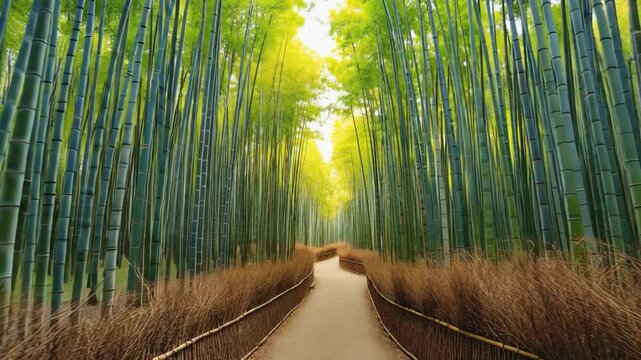 Exploring a serene bamboo forest pathway surrounded by lush greenery