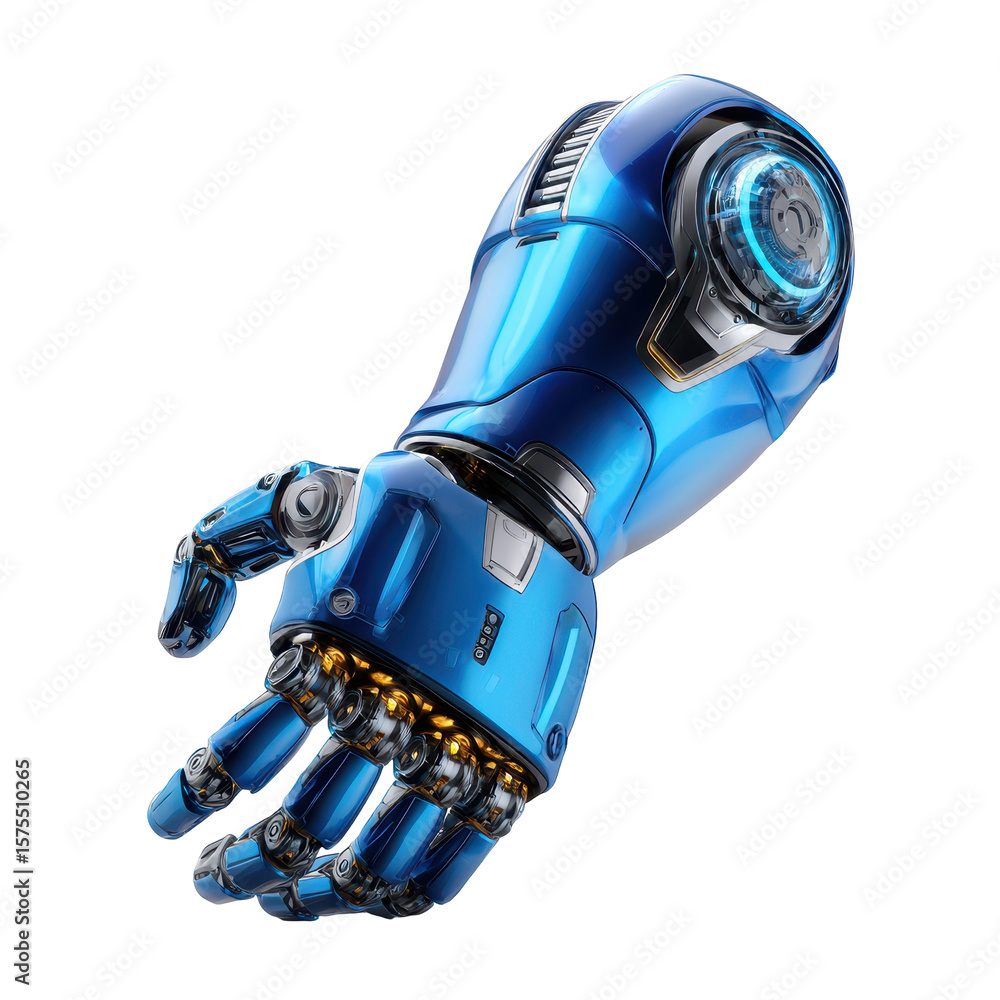 Poster futuristic robotic hand design with blue metallic finish and advanced technology features on display