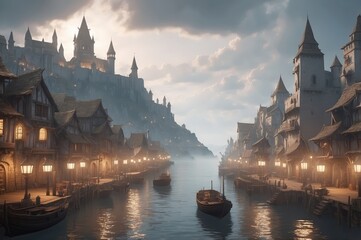 A picturesque medieval town nestled between a majestic castle and a tranquil waterway, illuminated by soft, warm lighting at dawn or dusk.  