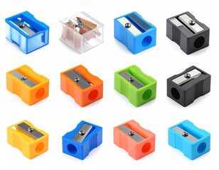 Assorted Colorful Pencil Sharpeners with Shavings on White Background – School & Art Supplies