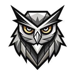 A stylized owl face looks wise, featuring strong lines and gold colored piercing eyes
