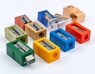 Assorted Colorful Pencil Sharpeners with Shavings on White Background – School & Art Supplies
