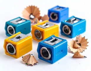 Assorted Colorful Pencil Sharpeners with Shavings on White Background – School & Art Supplies