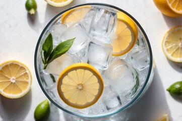 Overhead shot of a glass bowl filled with ice cubes, lemon slices, and fresh mint leaves, surrounded by additional lemon slices and small green fruits on a light-colored surface