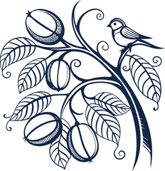 Bird sitting on tree branch with floral and nature elements in vintage vector style