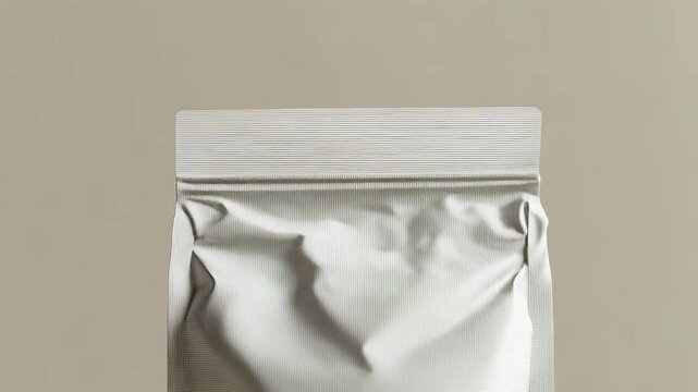 White blank foil doypack packaging standing on light brown background