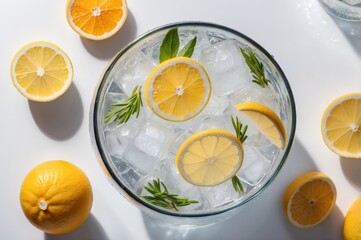 Refreshing drink with lemon slices, ice, rosemary, and mint on a white surface
