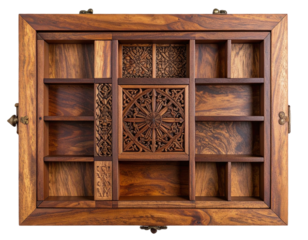 Intricate Wooden Puzzle Box with Sliding Panels, Top View, Isolated on Transparent Background