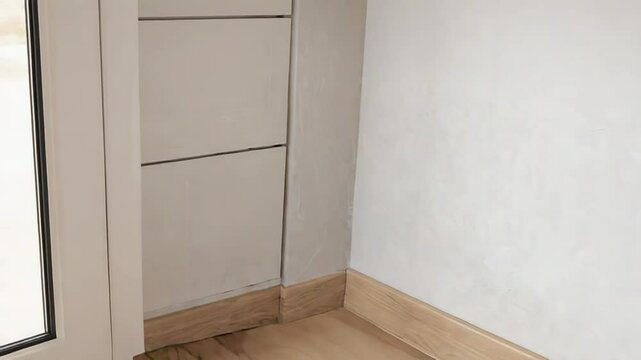 Light oak herringbone parquet and skirting boards creating modern interior