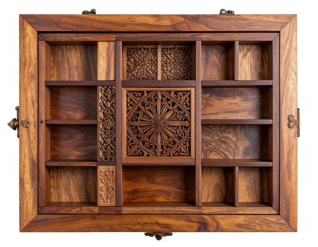 Intricate Wooden Puzzle Box with Sliding Panels, Top View, Isolated on Transparent Background