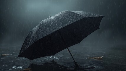 A close-up of a black umbrella lying open on a rain
