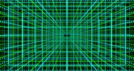 Futuristic glowing neon wireframe background. Shining grid dots in perspective. Bright retro digital cyberspace. 3D rendering.