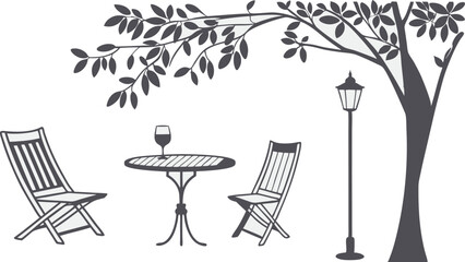 outdoor garden table and chair vector illustration with tree branches, wine glass, lamp post, patio furniture decor for cafe, terrace, backyard, picnic design