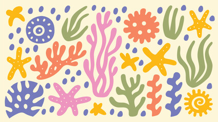 Colorful sea life illustration featuring starfish, coral, and seaweed on a light background design