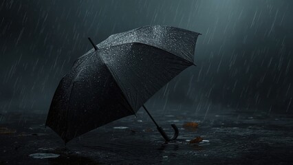 A close-up of a black umbrella lying open on a rain