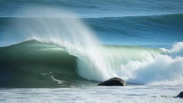 Majestic Ocean Wave Crashing Dramatic Seascape Powerful Surf Nature Scene Breathtaking Water Power Blue Green White Foam Rock Island Coastal Landscape Cinematic Background - Powered by Adobe