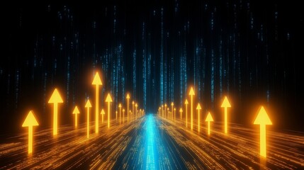 Digital Advancement and Elevation Concept Illustration with Golden Arrows Representing Growth Trends