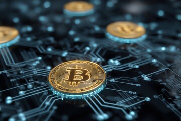 Golden Bitcoin Coins on Circuit Board Background with Digital Effects