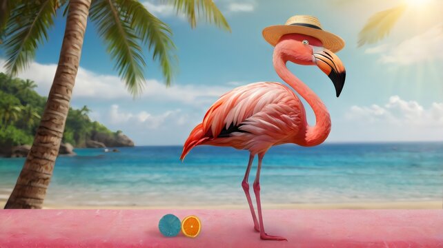 Cartoon Flamingo Wearing Sunglasses and Sun Hat &ndash; Fun Summer Character, Tropical Vibes, Beach Style Bird, and Playful Vacation-Themed Illustration