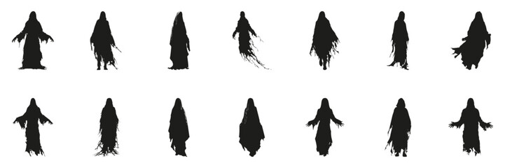 Ghostly Figures In Silhouette Set. Horror And Supernatural Theme Collection. Halloween And Spooky Design Use. Isolated Vector Illustration