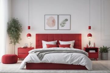 A minimalist bedroom with a vibrant red upholstered bed, matching nightstands, and pendant lights; white walls and bedding provide contrast; plants and artwork add subtle detail