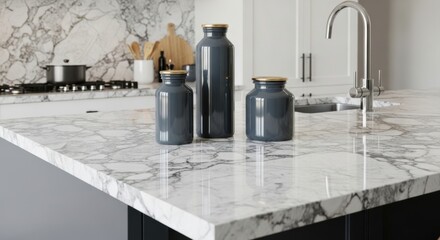 Modern White Kitchen Countertop with Gray Glass Storage Jars and Marble Backsplash