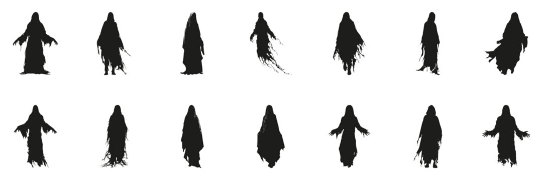 Ghostly Figures In Silhouette Set. Horror And Supernatural Theme Collection. Halloween And Spooky Design Use. Isolated Vector Illustration