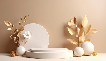 Elegant floral display on minimalist podiums studio setting photography soft color palette aesthetic presentation