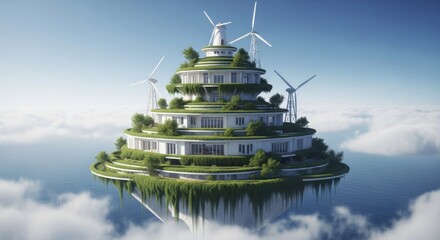 Futuristic Eco-friendly Floating City with Wind Turbines Surrounded by Clouds