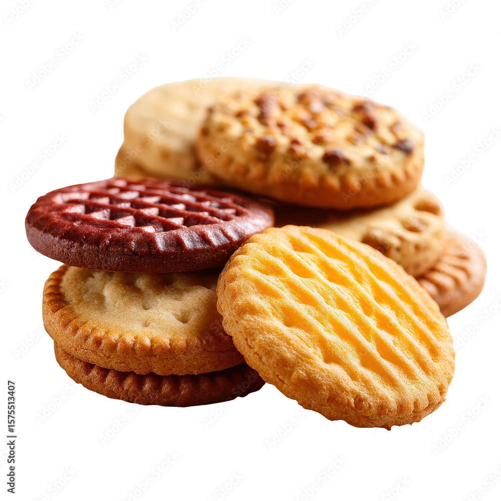 Poster assorted cookies stacked in a variety of shapes and flavors on a plain background suitable for desse
