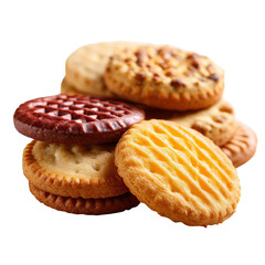 Assorted cookies stacked in a variety of shapes and flavors on a plain background suitable for dessert lovers