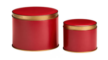 Two decorative red metal tins with ornate gold trim in different sizes isolated on transparent background