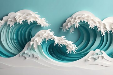Two layered, swirling paper waves with white caps on a light blue background