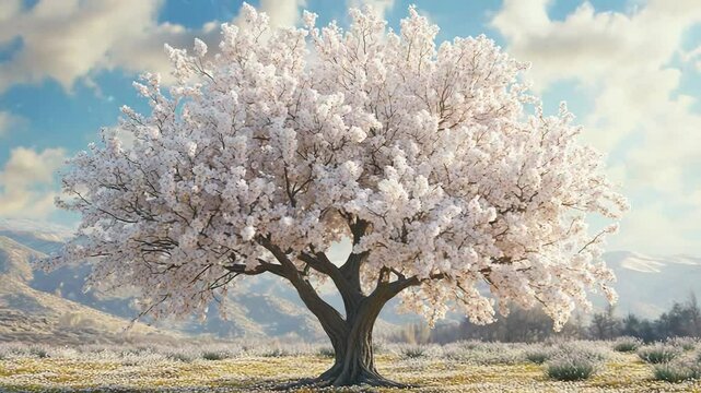 Blooming cherry tree stands majestically in a serene landscape