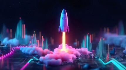 ネオンが光るロケットが飛び立つ抽象的な未来的な金融と技術のコンセプト暗い背景
