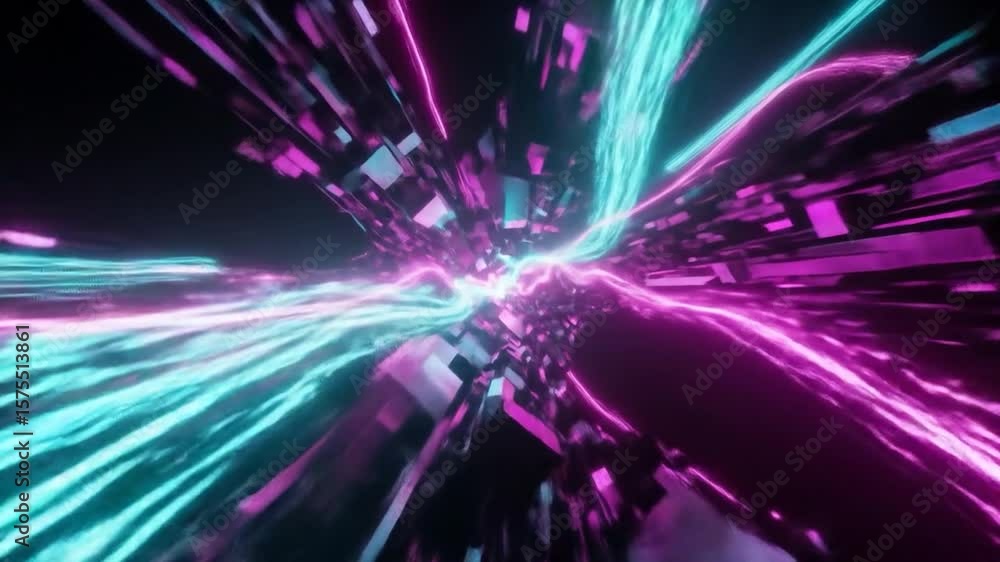 Poster abstract neon tunnel with flowing light and geometric structures in motion