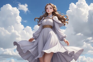 A light-grey-dressed anime-style woman with flowing brown hair stands against a bright blue sky dotted with fluffy white cloud
