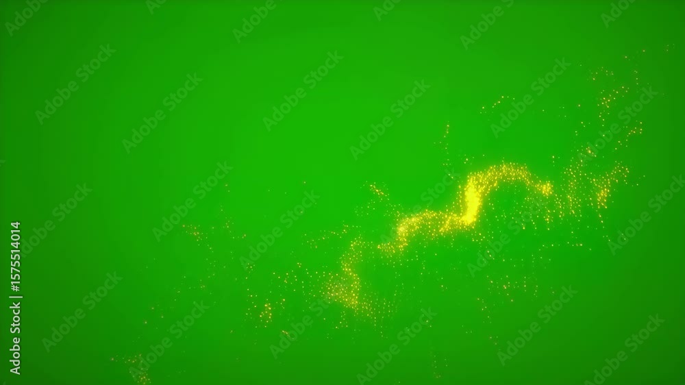 Poster an abstract view of sparkling golden particles against a vibrant green background, creating a magica